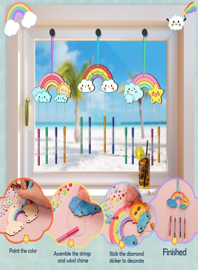 TREACLUB DIY Wind Chime Kit for Kids - Make Your Own Rainbow Coloring Star Moon Sun Arts and Crafts - 12 Pack Wooden Birthday Gifts for Girls Boys - Image 4